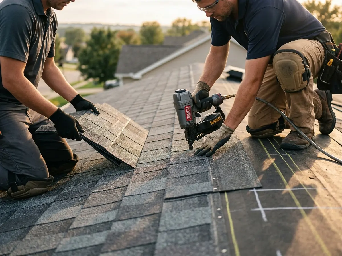 Professional roofer working on a residential roof in Rose Hill
